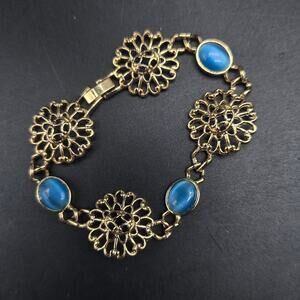 Gold Tone Filigree Blue Moon Glow Bracelet Vintage 1990s Costume Jewelry